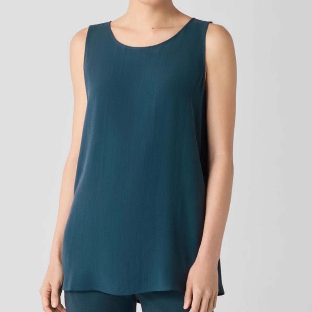 Eileen Fisher Silk Georgette Crepe Ballet Neck  Deep Teal Tank Tunic Top